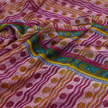 Indian Vintage Sari Pink Pure Georgette Silk Printed Saree Craft Fabric Sewing 6Yd Soft Light Dress Making Crafting Quilting Upcycle