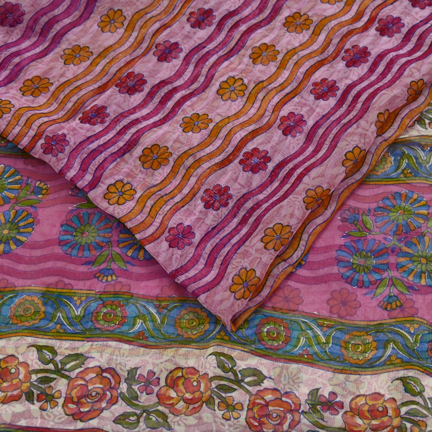 Indian Vintage Sari Pink Pure Georgette Silk Printed Saree Craft Fabric Sewing 6Yd Soft Light Dress Making Crafting Quilting Upcycle