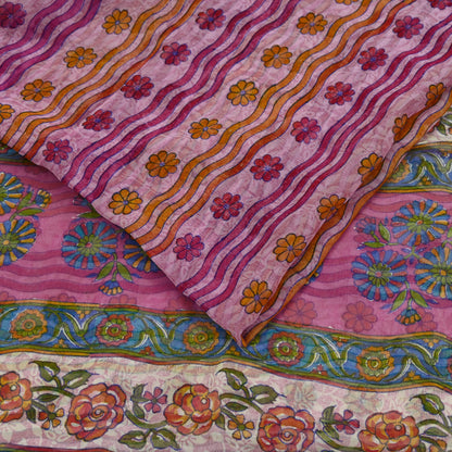 Indian Vintage Sari Pink Pure Georgette Silk Printed Saree Craft Fabric Sewing 6Yd Soft Light Dress Making Crafting Quilting Upcycle