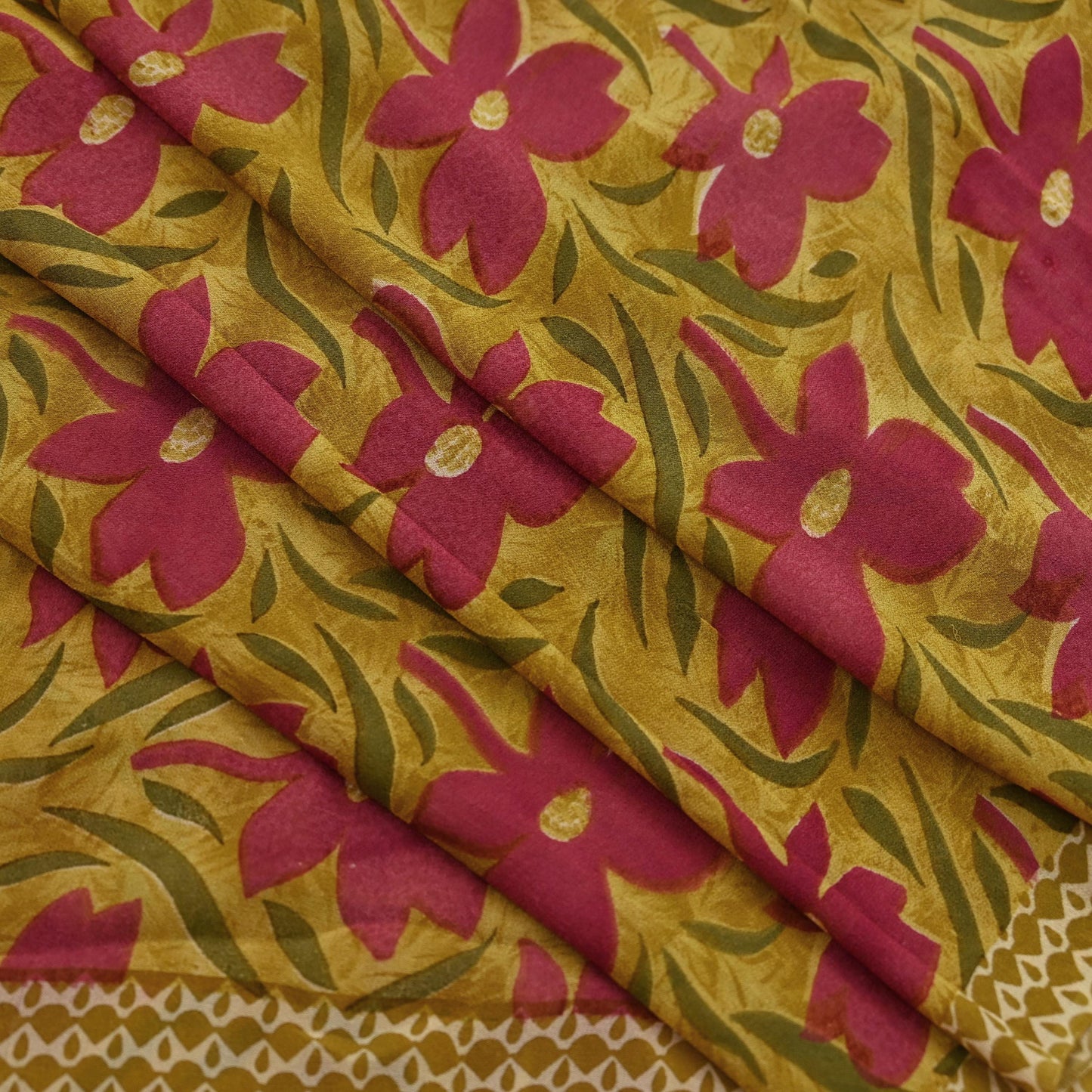 Women Vintage Sari Green Pure Georgette Silk Printed Saree Craft Fabric Sewing 5Yd Soft Light Dress Making Floral Quilting Crafting Upcycle