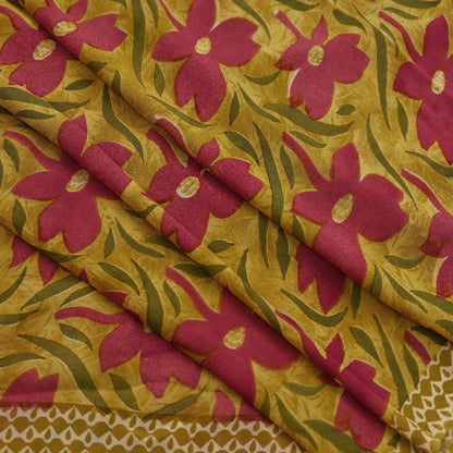 Women Vintage Sari Green Pure Georgette Silk Printed Saree Craft Fabric Sewing 5Yd Soft Light Dress Making Floral Quilting Crafting Upcycle