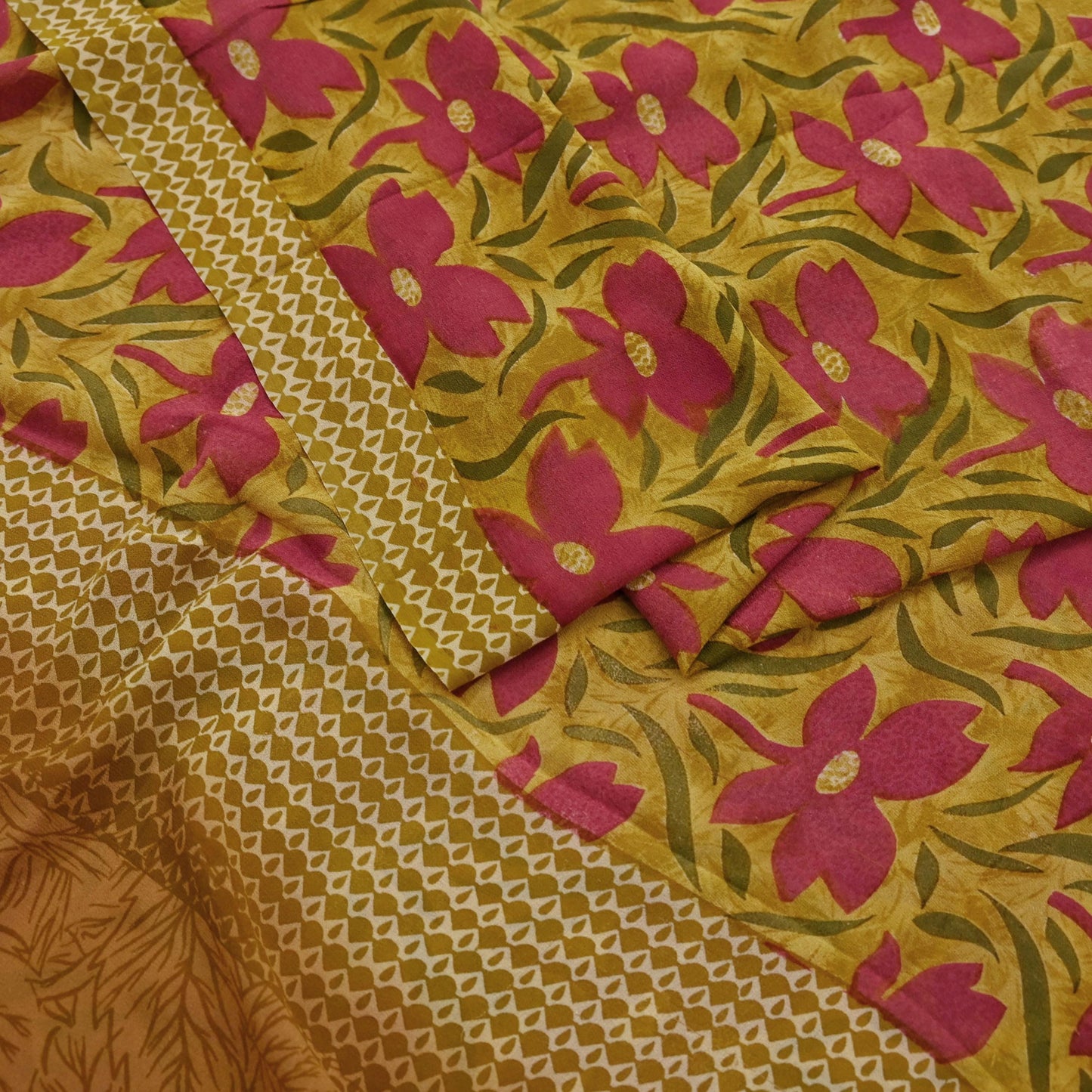 Women Vintage Sari Green Pure Georgette Silk Printed Saree Craft Fabric Sewing 5Yd Soft Light Dress Making Floral Quilting Crafting Upcycle