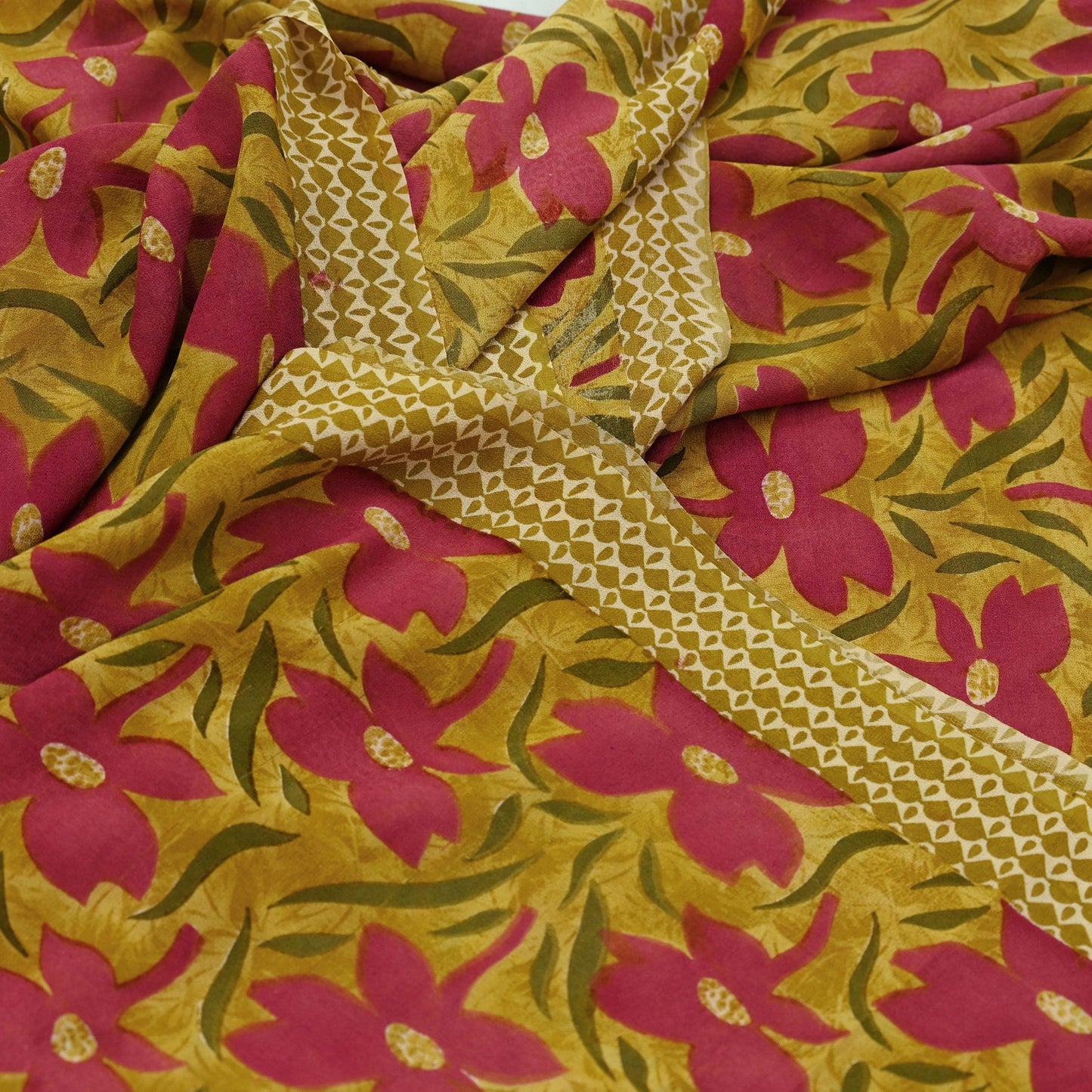 Women Vintage Sari Green Pure Georgette Silk Printed Saree Craft Fabric Sewing 5Yd Soft Light Dress Making Floral Quilting Crafting Upcycle