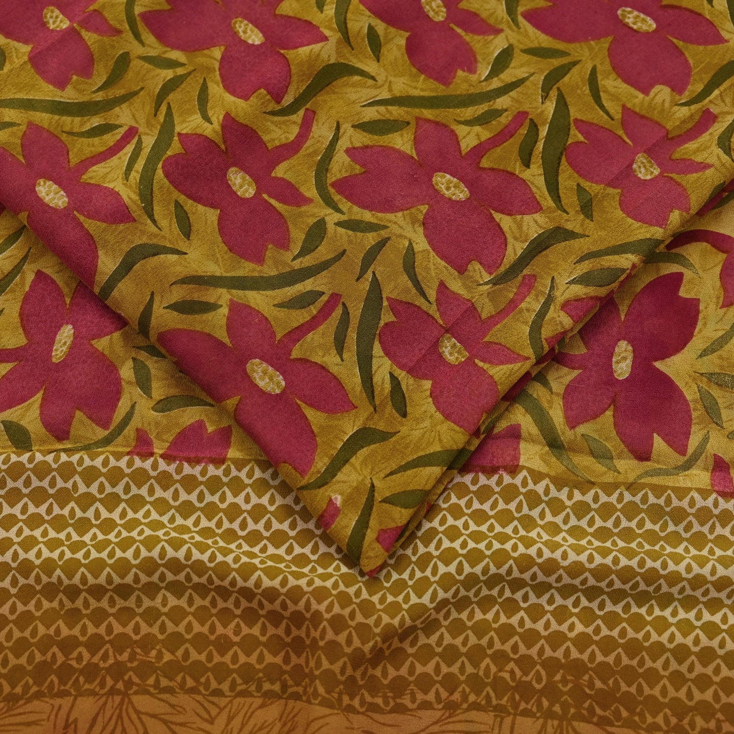 Women Vintage Sari Green Pure Georgette Silk Printed Saree Craft Fabric Sewing 5Yd Soft Light Dress Making Floral Quilting Crafting Upcycle