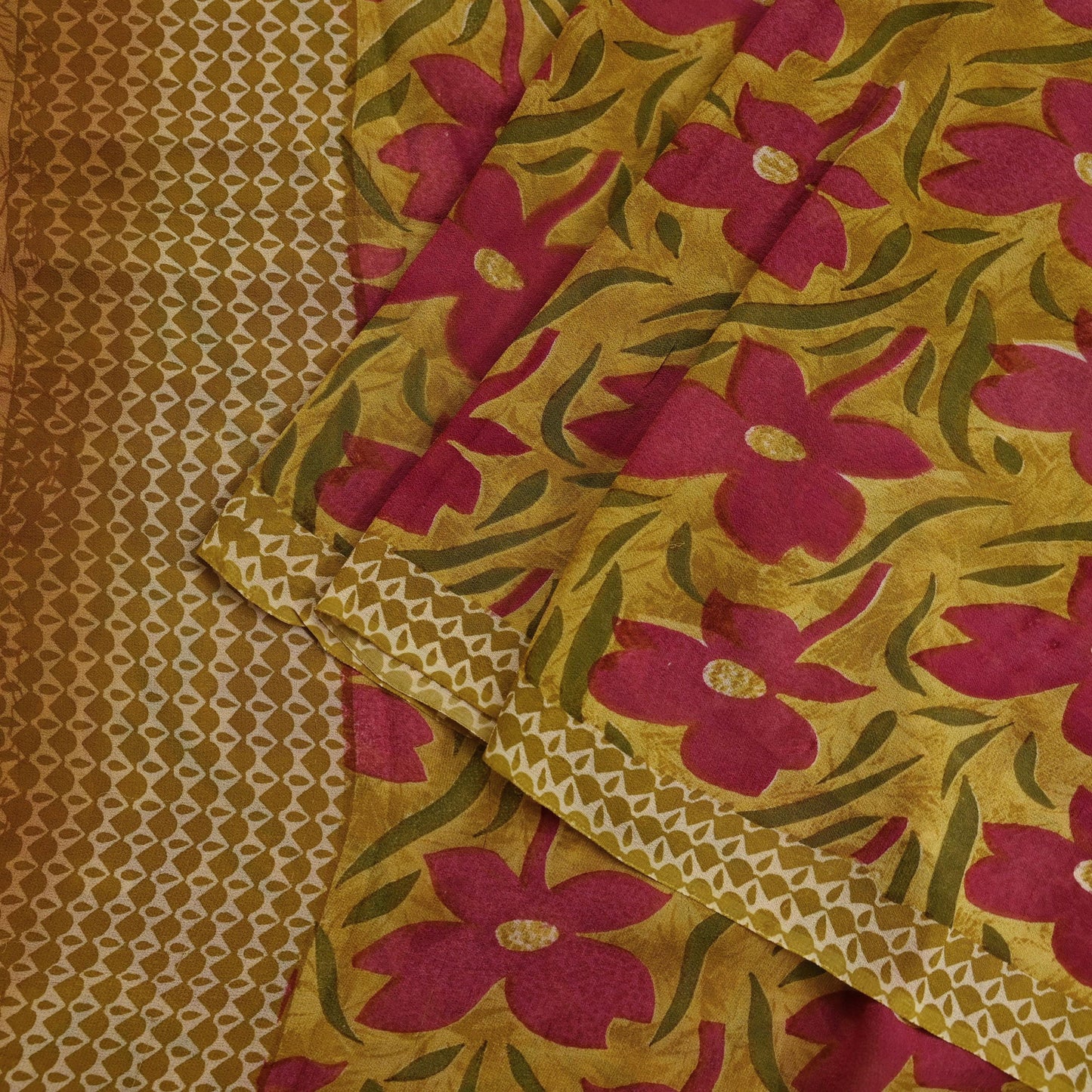 Women Vintage Sari Green Pure Georgette Silk Printed Saree Craft Fabric Sewing 5Yd Soft Light Dress Making Floral Quilting Crafting Upcycle