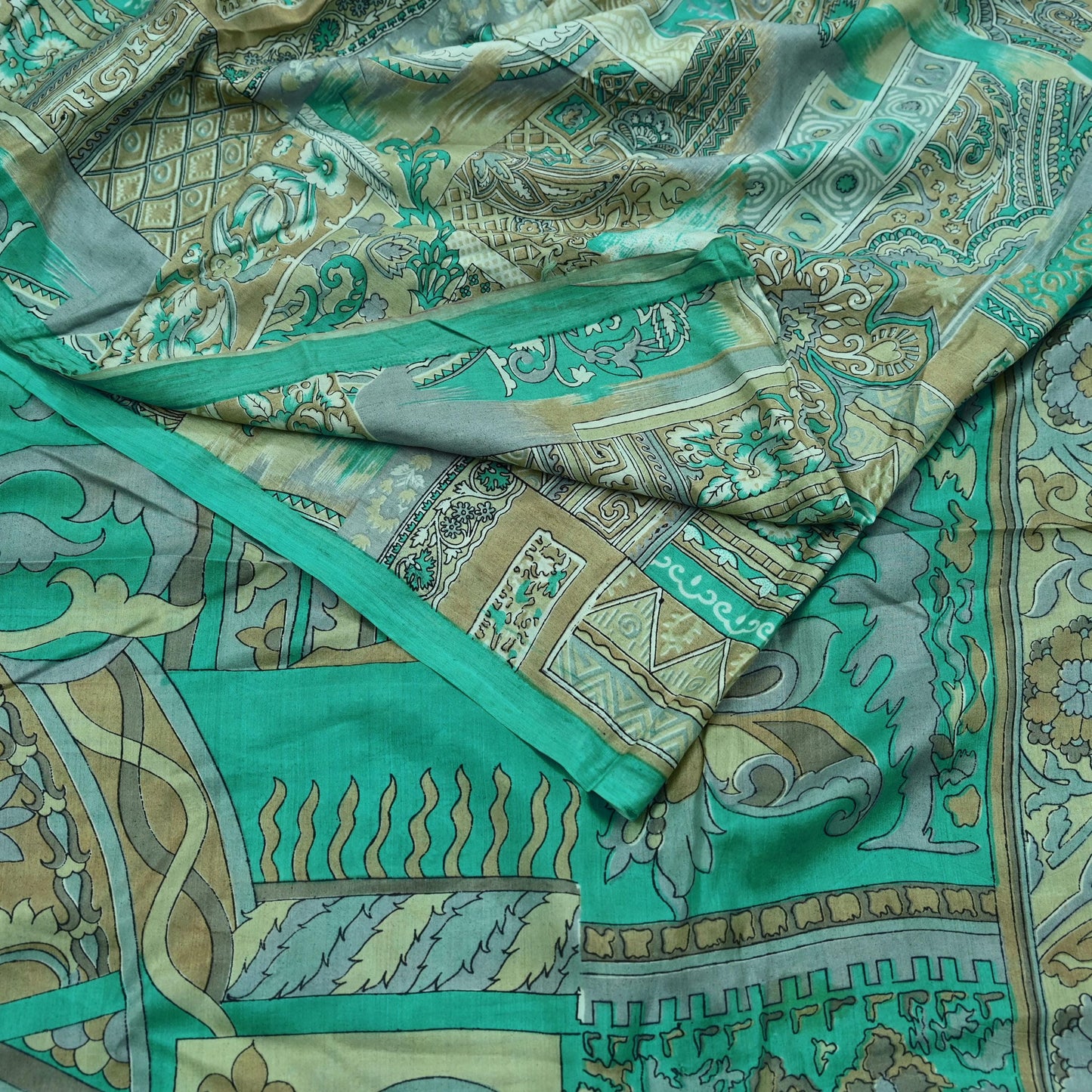 Indian Vintage Sari Green Pure Silk Printed Sarees 6yd Sewing Craft Fabric Dress Making  Soft Abstract Wrap Upcycle Used Quilting Crafting