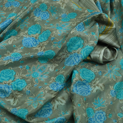 Indian Vintage Sari Blue & Gray Pure Silk Printed Sarees 5yd Sewing Craft Fabric Dress Making Wrap Floral Zari Quilting Crafting Upcycle