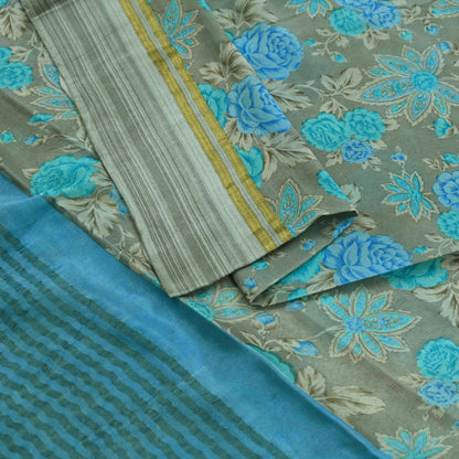 Indian Vintage Sari Blue & Gray Pure Silk Printed Sarees 5yd Sewing Craft Fabric Dress Making Wrap Floral Zari Quilting Crafting Upcycle