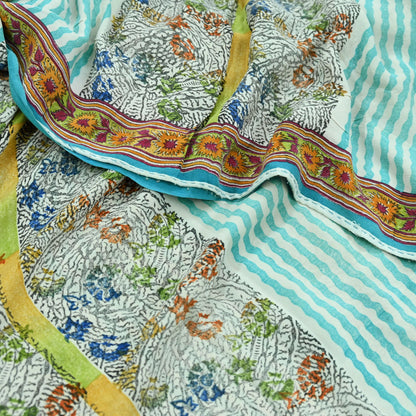Indian Vintage Sari Ivory & Blue Pure Crepe Silk Printed Saree 5yd Sewing Floral Soft Craft Fabric Wrap Dress making Crafting Quilting