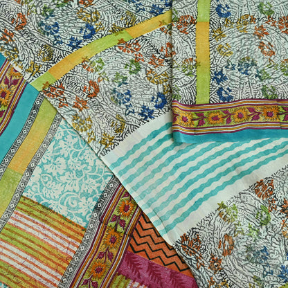 Indian Vintage Sari Ivory & Blue Pure Crepe Silk Printed Saree 5yd Sewing Floral Soft Craft Fabric Wrap Dress making Crafting Quilting