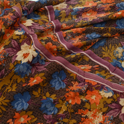 Indian Women Vintage Sari Brown  100% Pure Georgette Silk Printed Saree Sewing 5yd Soft Craft Fabric Floral Design Wrap Boho Dress making