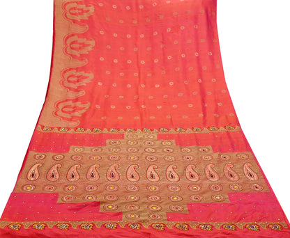 Indian Vintage Sari Pink Hand Embroidered Pure Silk Sarees Craft Fabric 5Yd Sequins Wedding Sarees Quilting Crafting Upcycle