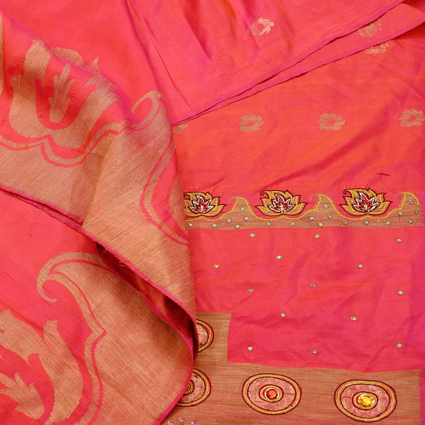 Indian Vintage Sari Pink Hand Embroidered Pure Silk Sarees Craft Fabric 5Yd Sequins Wedding Sarees Quilting Crafting Upcycle