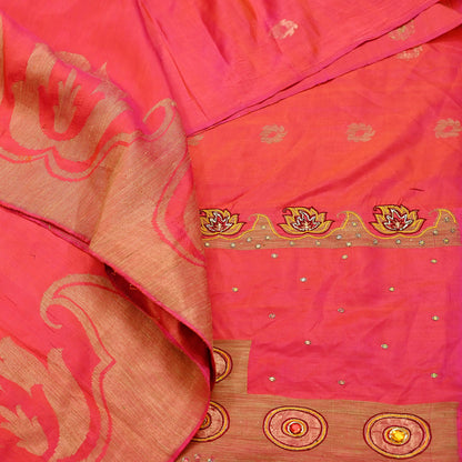 Indian Vintage Sari Pink Hand Embroidered Pure Silk Sarees Craft Fabric 5Yd Sequins Wedding Sarees Quilting Crafting Upcycle