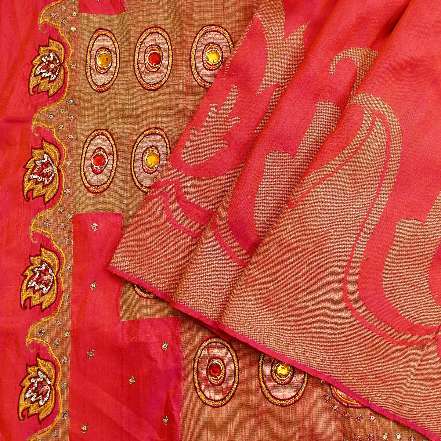 Indian Vintage Sari Pink Hand Embroidered Pure Silk Sarees Craft Fabric 5Yd Sequins Wedding Sarees Quilting Crafting Upcycle
