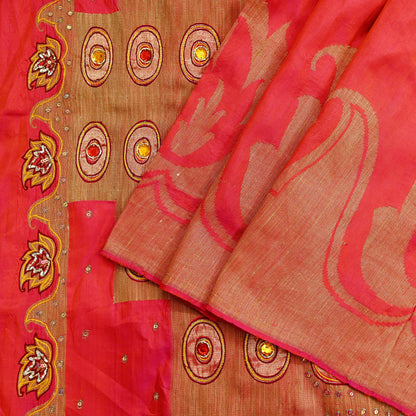 Indian Vintage Sari Pink Hand Embroidered Pure Silk Sarees Craft Fabric 5Yd Sequins Wedding Sarees Quilting Crafting Upcycle