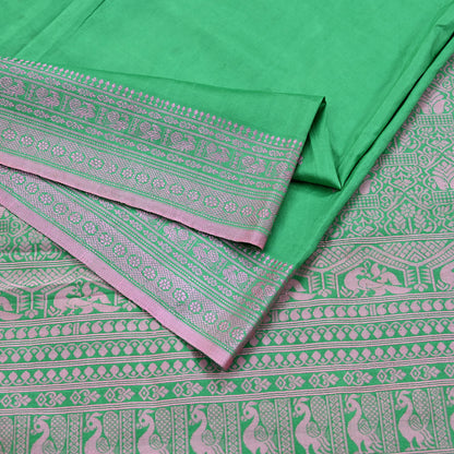 Indian Vintage Sari Green 100% Pure Silk Hand Woven Sarees Craft Fabric 5Yd Ethnic Sewing Dress making Crafting Quilting Upcycle