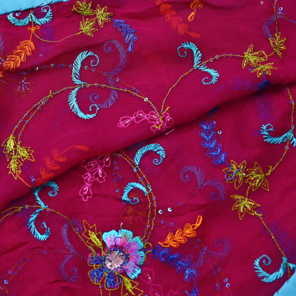 Indian Vintage Magenta Dupatta Pure Georgette silk Long Stole Hand Embroidered Scarves Stole Veil Wrap Sequins