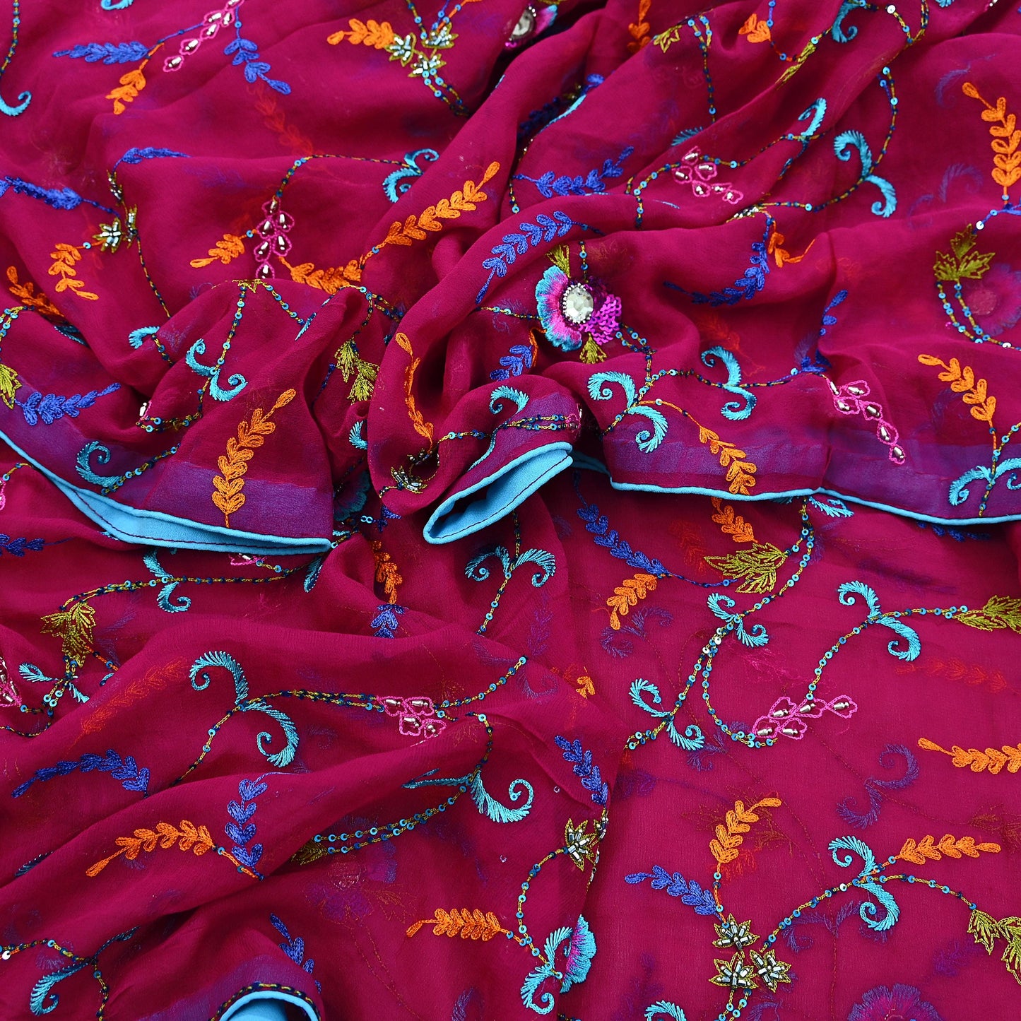 Indian Vintage Magenta Dupatta Pure Georgette silk Long Stole Hand Embroidered Scarves Stole Veil Wrap Sequins