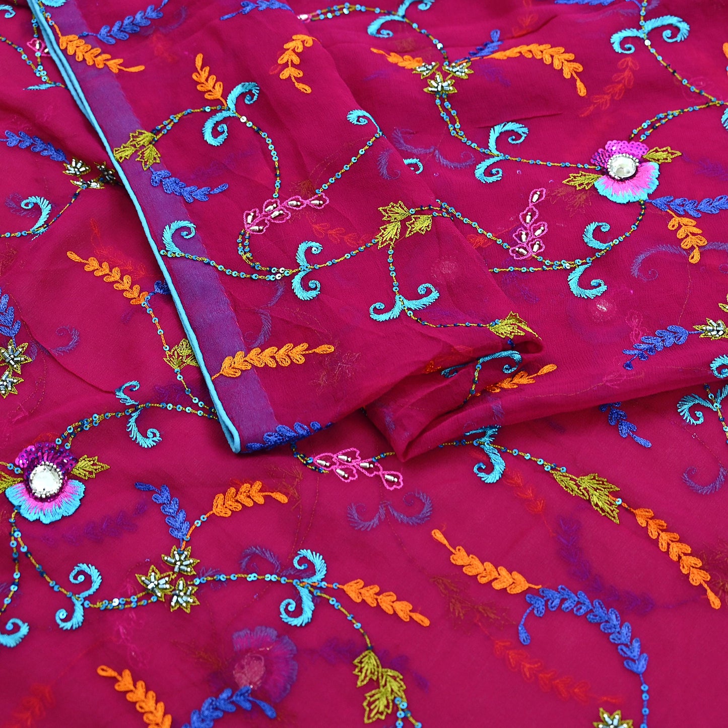 Indian Vintage Magenta Dupatta Pure Georgette silk Long Stole Hand Embroidered Scarves Stole Veil Wrap Sequins