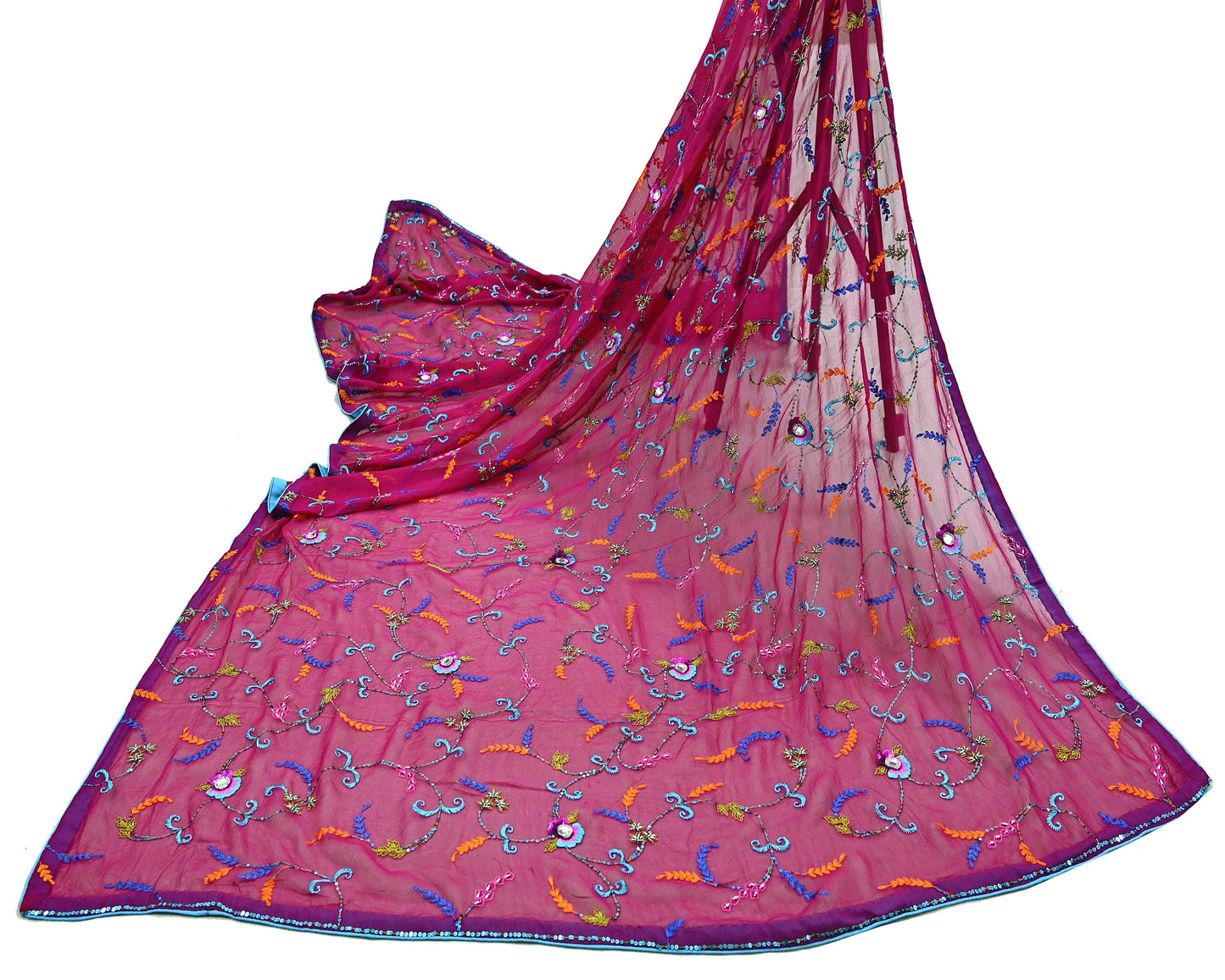 Indian Vintage Magenta Dupatta Pure Georgette silk Long Stole Hand Embroidered Scarves Stole Veil Wrap Sequins