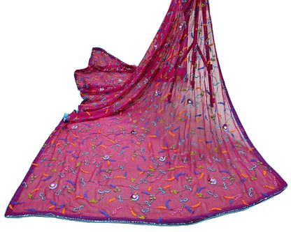 Indian Vintage Magenta Dupatta Pure Georgette silk Long Stole Hand Embroidered Scarves Stole Veil Wrap Sequins