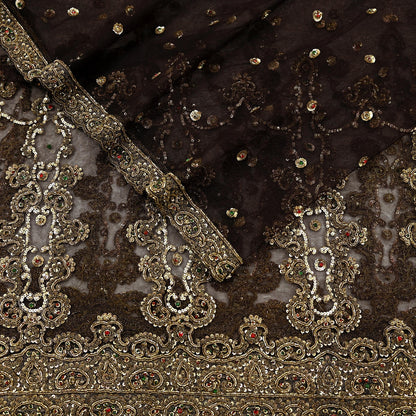Indian Vintage Heavy Brown Dupatta Net Mesh Long Stole Hand Embroidered Scarves Golden Zardozi Dabka Zari Sequins