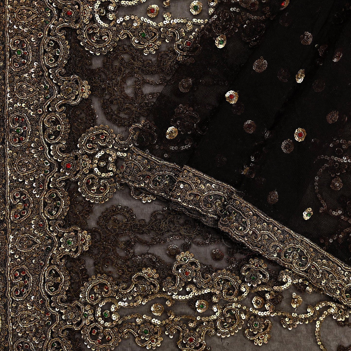 Indian Vintage Heavy Brown Dupatta Net Mesh Long Stole Hand Embroidered Scarves Golden Zardozi Dabka Zari Sequins