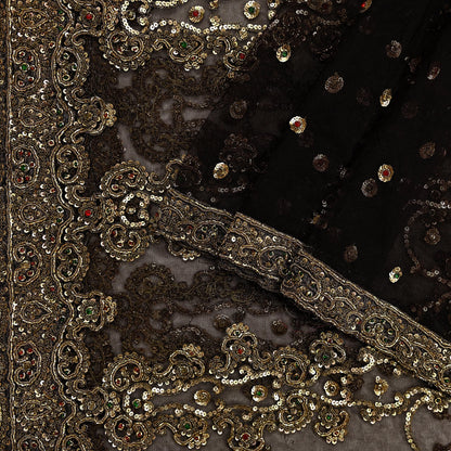 Indian Vintage Heavy Brown Dupatta Net Mesh Long Stole Hand Embroidered Scarves Golden Zardozi Dabka Zari Sequins