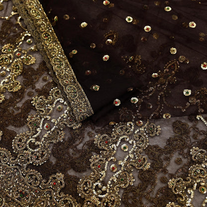 Indian Vintage Heavy Brown Dupatta Net Mesh Long Stole Hand Embroidered Scarves Golden Zardozi Dabka Zari Sequins