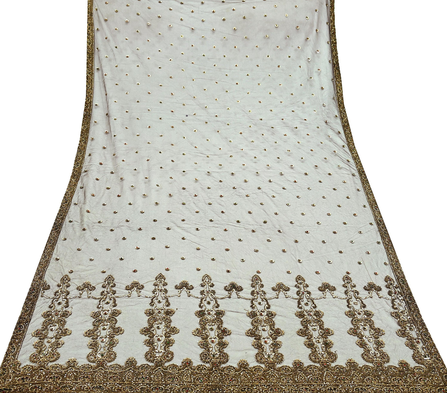 Indian Vintage Heavy Brown Dupatta Net Mesh Long Stole Hand Embroidered Scarves Golden Zardozi Dabka Zari Sequins