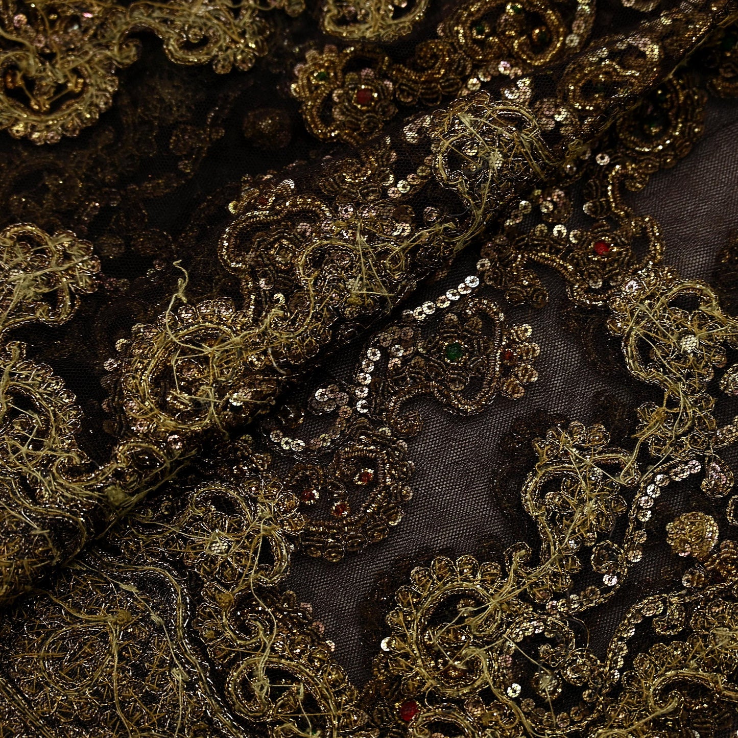 Indian Vintage Heavy Brown Dupatta Net Mesh Long Stole Hand Embroidered Scarves Golden Zardozi Dabka Zari Sequins