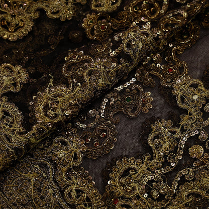 Indian Vintage Heavy Brown Dupatta Net Mesh Long Stole Hand Embroidered Scarves Golden Zardozi Dabka Zari Sequins