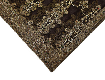 Indian Vintage Heavy Brown Dupatta Net Mesh Long Stole Hand Embroidered Scarves Golden Zardozi Dabka Zari Sequins