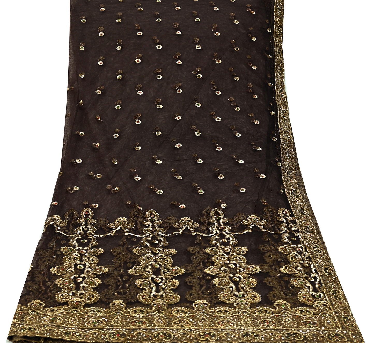 Indian Vintage Heavy Brown Dupatta Net Mesh Long Stole Hand Embroidered Scarves Golden Zardozi Dabka Zari Sequins