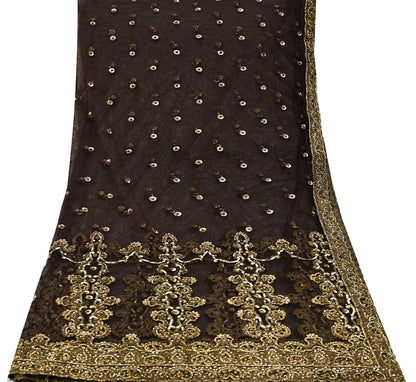 Indian Vintage Heavy Brown Dupatta Net Mesh Long Stole Hand Embroidered Scarves Golden Zardozi Dabka Zari Sequins