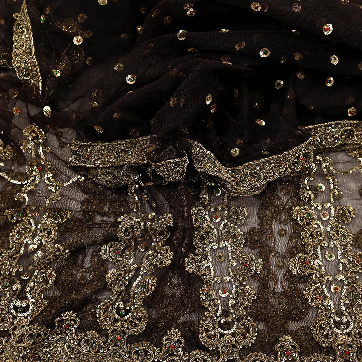 Indian Vintage Heavy Brown Dupatta Net Mesh Long Stole Hand Embroidered Scarves Golden Zardozi Dabka Zari Sequins