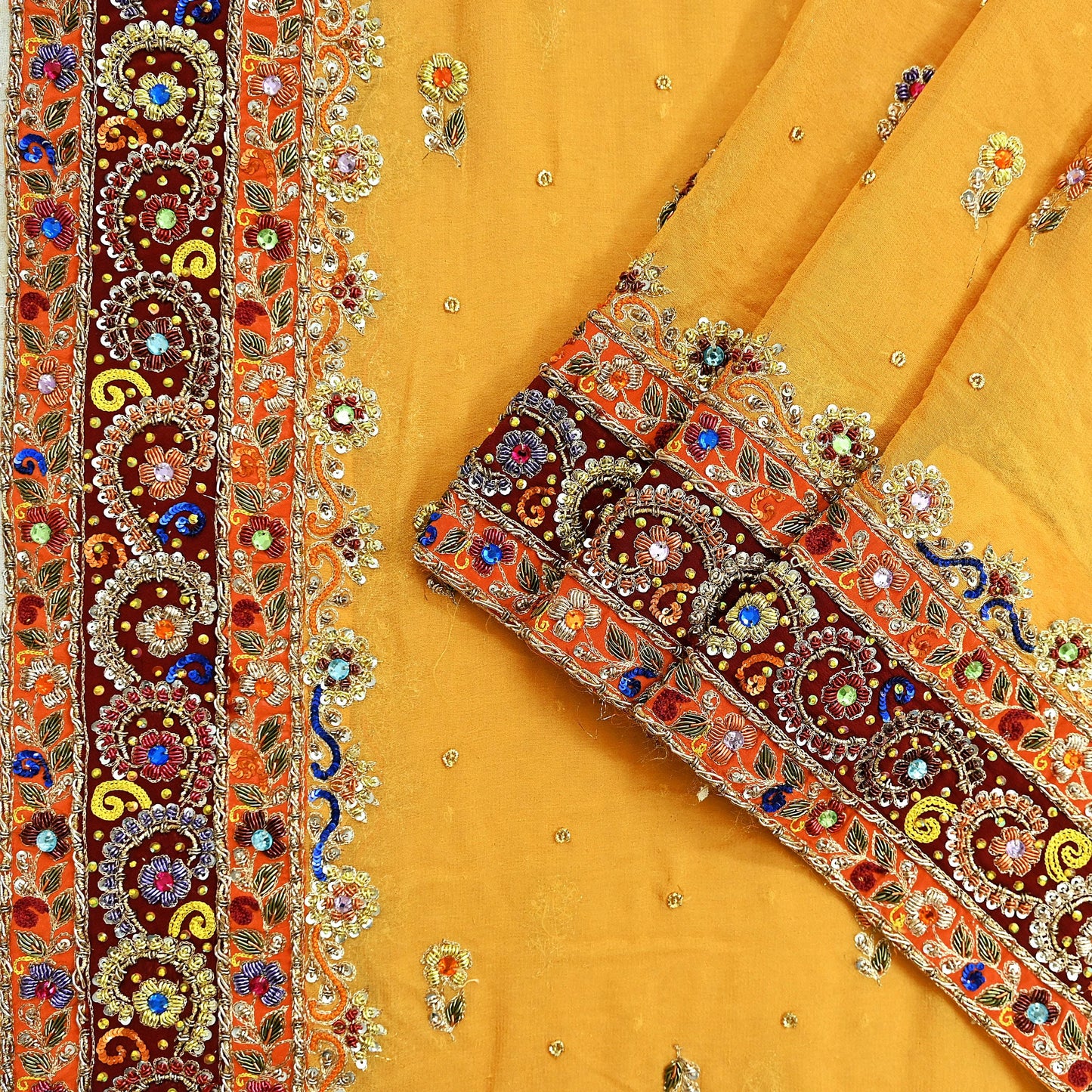 Indian Vintage Heavy Bridal Dupatta Saffron Pure Georgette Silk Long Stole Hand Embroidered Scarf Zardozi/Dabka Zari Wedding/Party Dupatta