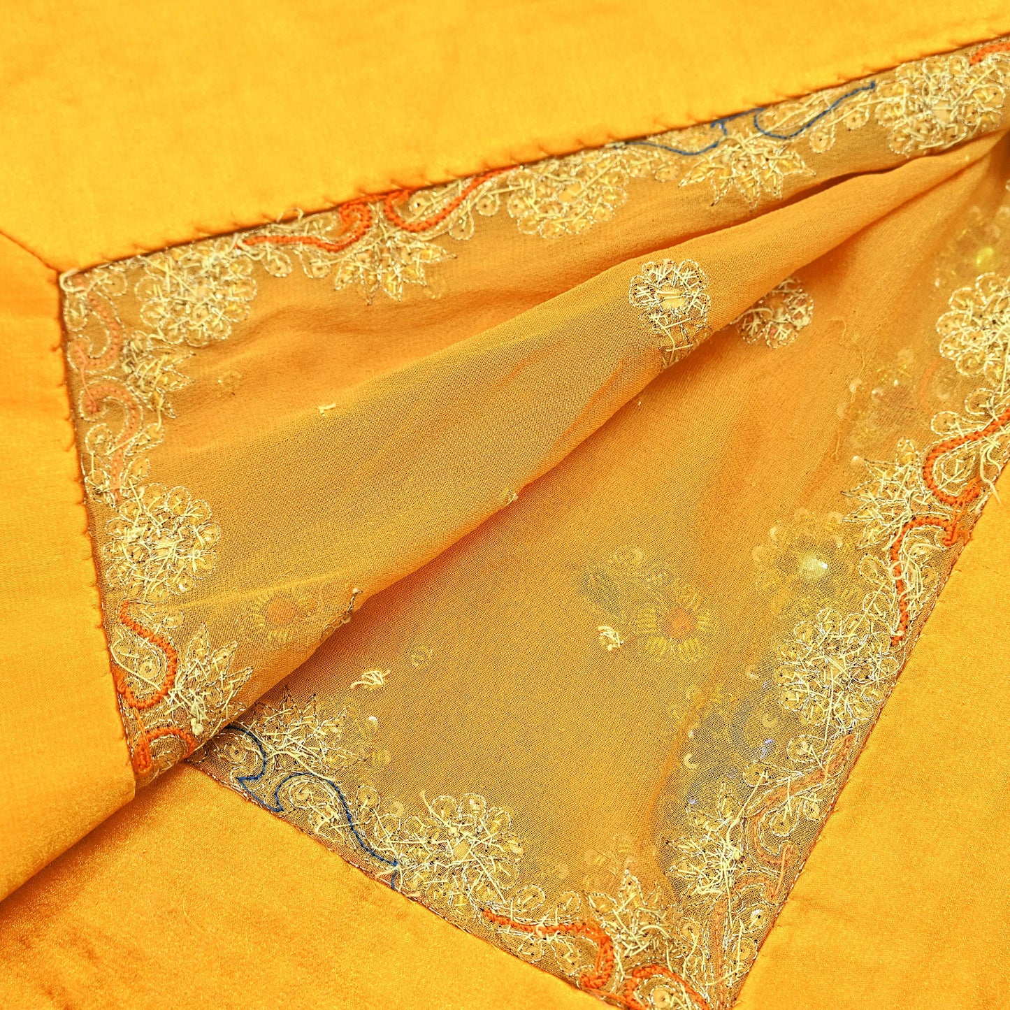 Indian Vintage Heavy Bridal Dupatta Saffron Pure Georgette Silk Long Stole Hand Embroidered Scarf Zardozi/Dabka Zari Wedding/Party Dupatta