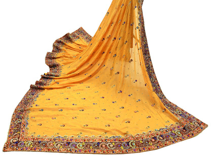 Indian Vintage Heavy Bridal Dupatta Saffron Pure Georgette Silk Long Stole Hand Embroidered Scarf Zardozi/Dabka Zari Wedding/Party Dupatta