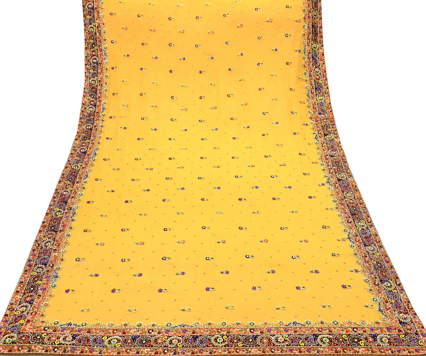Indian Vintage Heavy Bridal Dupatta Saffron Pure Georgette Silk Long Stole Hand Embroidered Scarf Zardozi/Dabka Zari Wedding/Party Dupatta
