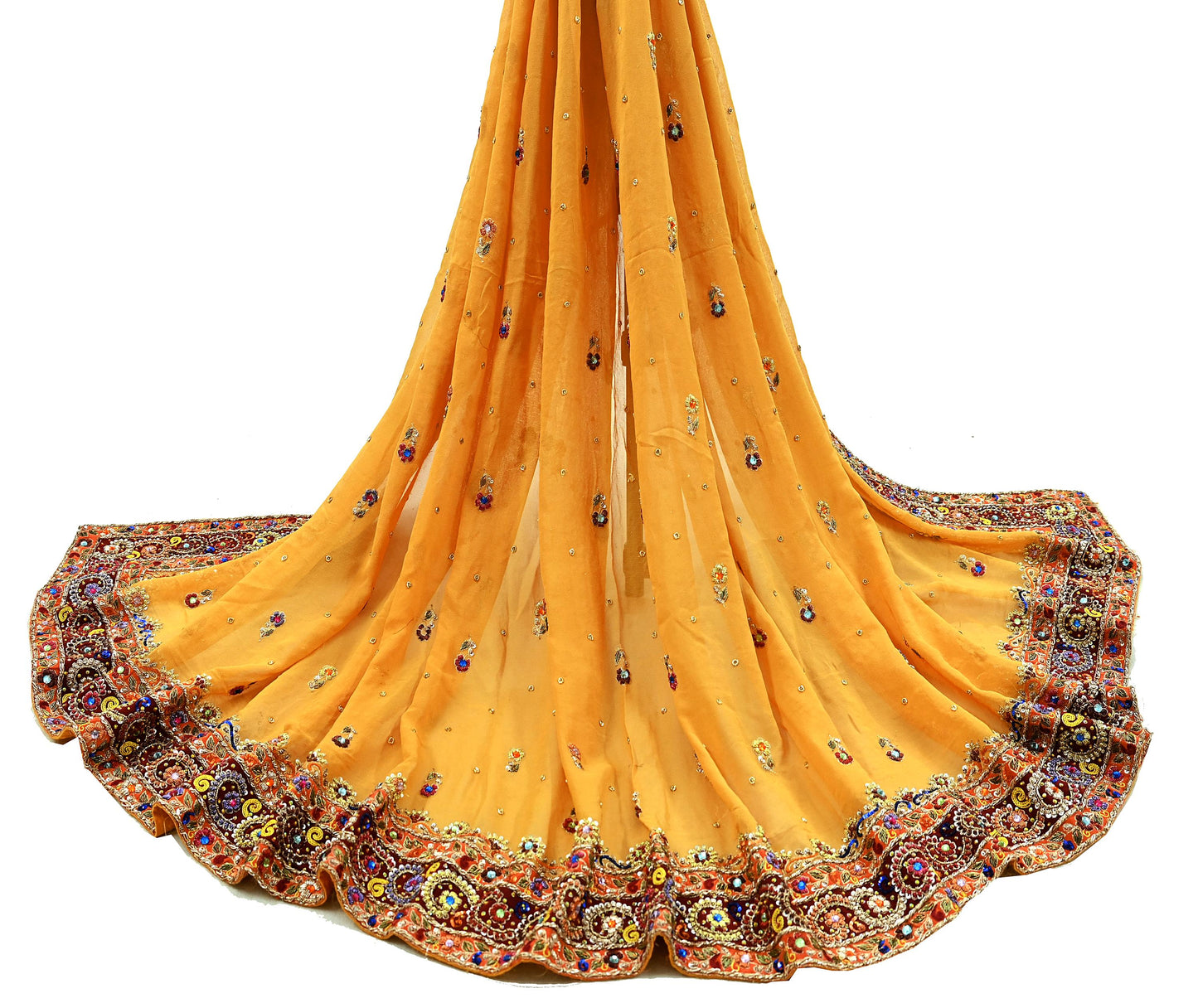 Indian Vintage Heavy Bridal Dupatta Saffron Pure Georgette Silk Long Stole Hand Embroidered Scarf Zardozi/Dabka Zari Wedding/Party Dupatta