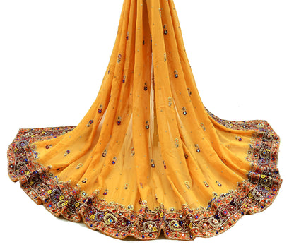 Indian Vintage Heavy Bridal Dupatta Saffron Pure Georgette Silk Long Stole Hand Embroidered Scarf Zardozi/Dabka Zari Wedding/Party Dupatta