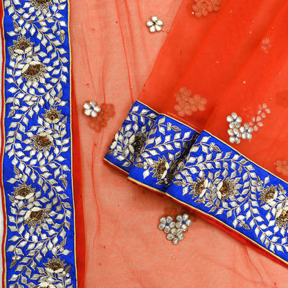 Indian Vintage Heavy Orange Dupatta Net Mesh Long Stole Hand Embroidered Scarves Zardozi/ Dabka Zari Bridal/ Wedding Veil