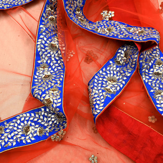 Indian Vintage Heavy Orange Dupatta Net Mesh Long Stole Hand Embroidered Scarves Zardozi/ Dabka Zari Bridal/ Wedding Veil