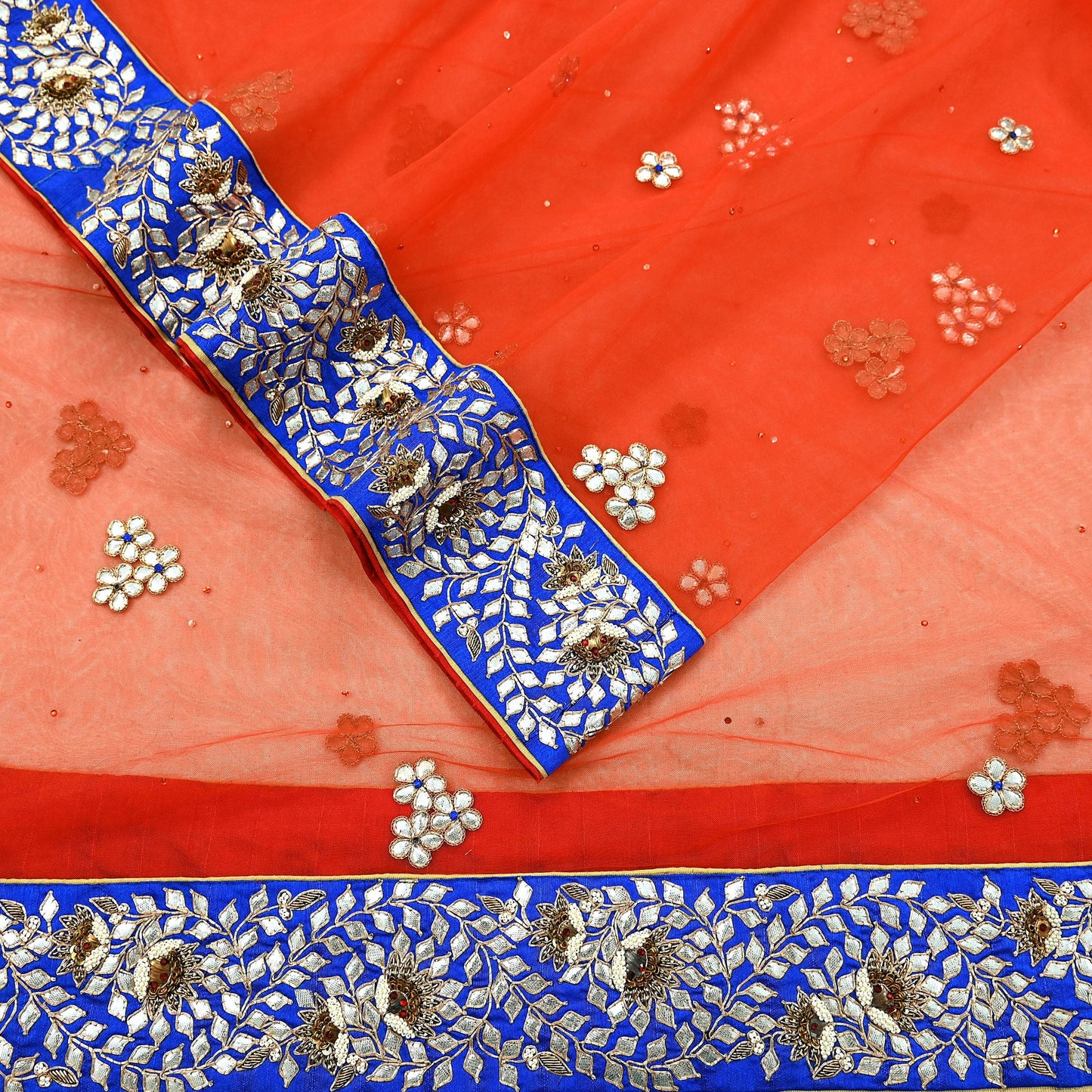 Indian Vintage Heavy Orange Dupatta Net Mesh Long Stole Hand Embroidered Scarves Zardozi/ Dabka Zari Bridal/ Wedding Veil