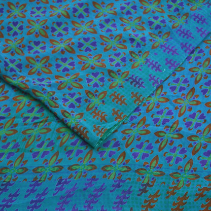 Indian Vintage Sari Blue Pure Crepe Silk Printed Sarees Craft Fabric 5yd Sewing Floral Soft Fabric Wrap Dress making Quilting Crafting