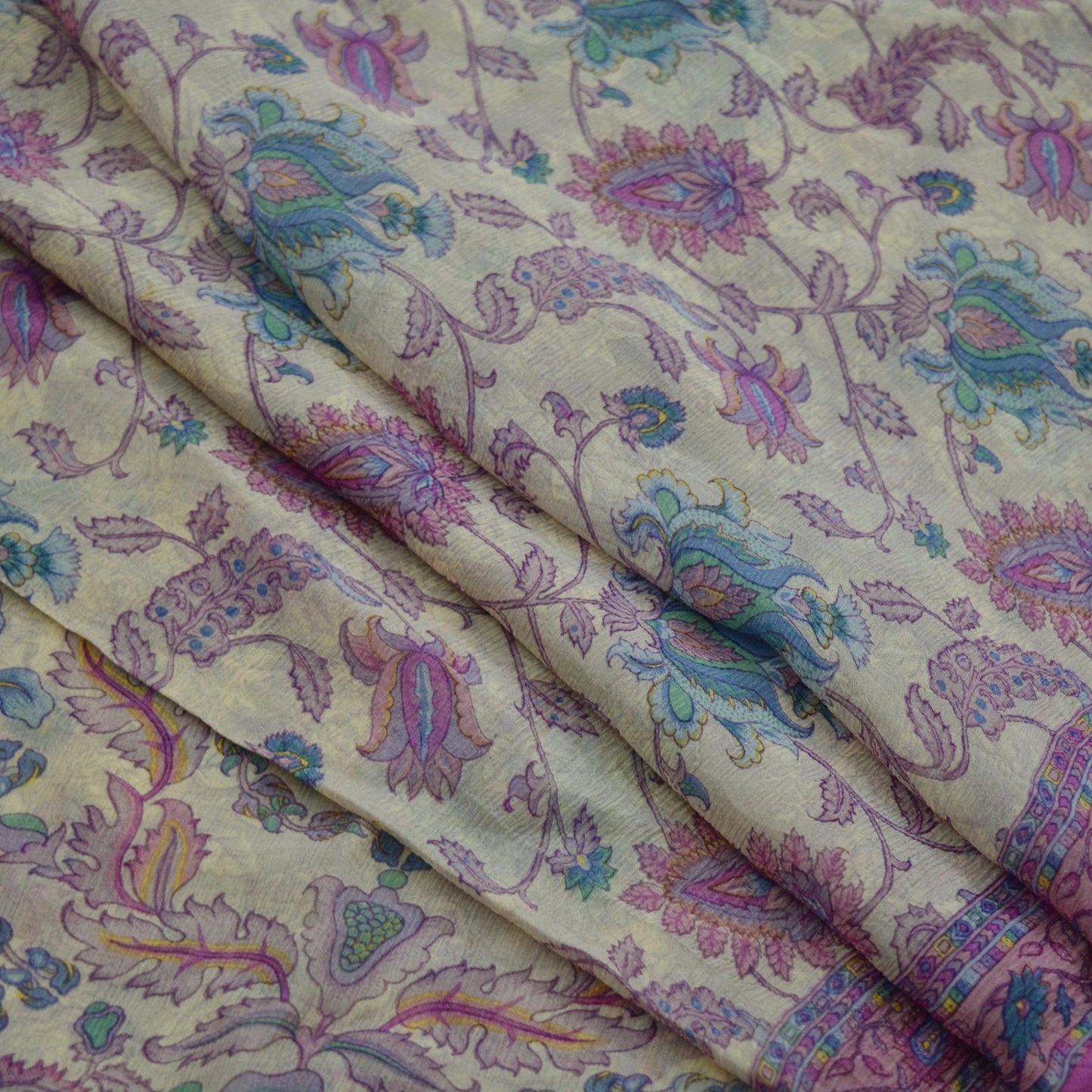 Indian Vintage Sari Purple & Ivory Pure Chiffon Silk Printed Sarees 6Yd Craft Fabric Sewing Soft Light Sari Dress Making Upcycle Quilting