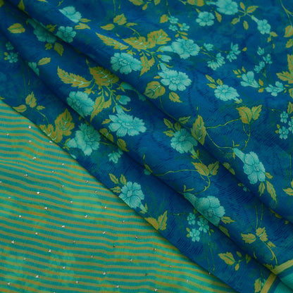 Vintage Sari Blue & Green Pure Chiffon Silk Hand Embroidered Mukesh Printed Sarees Craft Fabric Sewing 6Yd Soft Dress Making Crafting