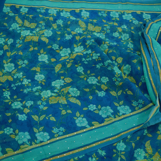 Vintage Sari Blue & Green Pure Chiffon Silk Hand Embroidered Mukesh Printed Sarees Craft Fabric Sewing 6Yd Soft Dress Making Crafting